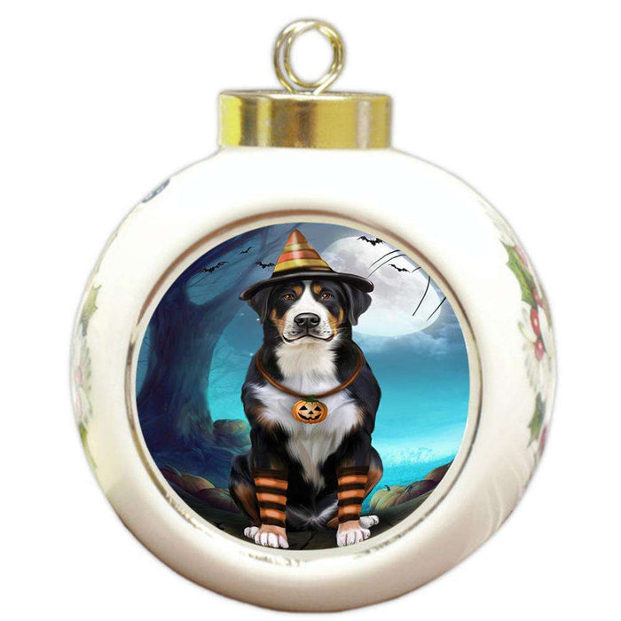 Happy Halloween Trick or Treat Greater Swiss Mountain Dog Candy Corn Round Ball Christmas Ornament RBPOR52507