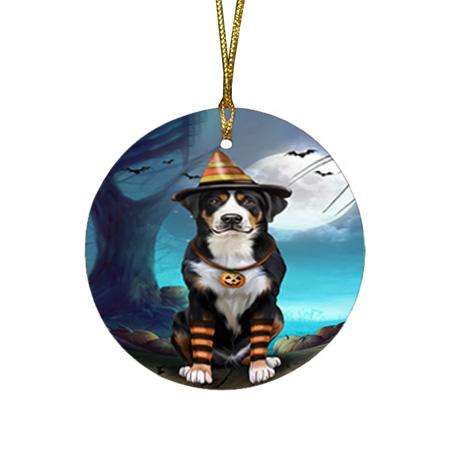 Happy Halloween Trick or Treat Greater Swiss Mountain Dog Candy Corn Round Flat Christmas Ornament RFPOR52498