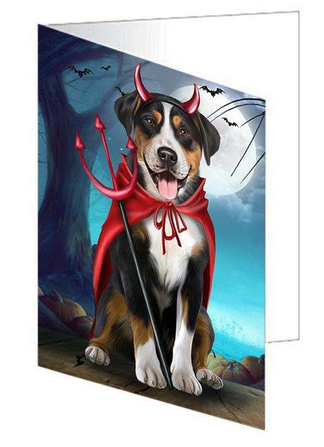 Happy Halloween Trick or Treat Greater Swiss Mountain Dog Devil Handmade Artwork Assorted Pets Greeting Cards and Note Cards with Envelopes for All Occasions and Holiday Seasons GCD61607