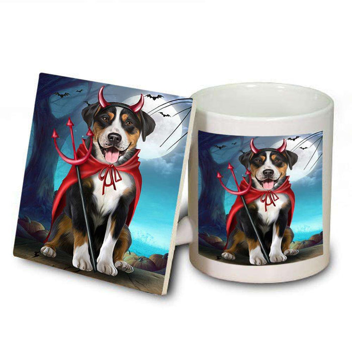 Happy Halloween Trick or Treat Greater Swiss Mountain Dog Devil Mug and Coaster Set MUC52518