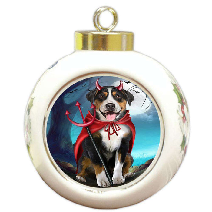 Happy Halloween Trick or Treat Greater Swiss Mountain Dog Devil Round Ball Christmas Ornament RBPOR52526