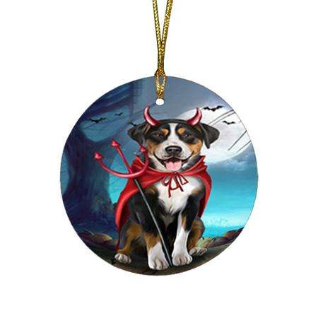 Happy Halloween Trick or Treat Greater Swiss Mountain Dog Devil Round Flat Christmas Ornament RFPOR52517