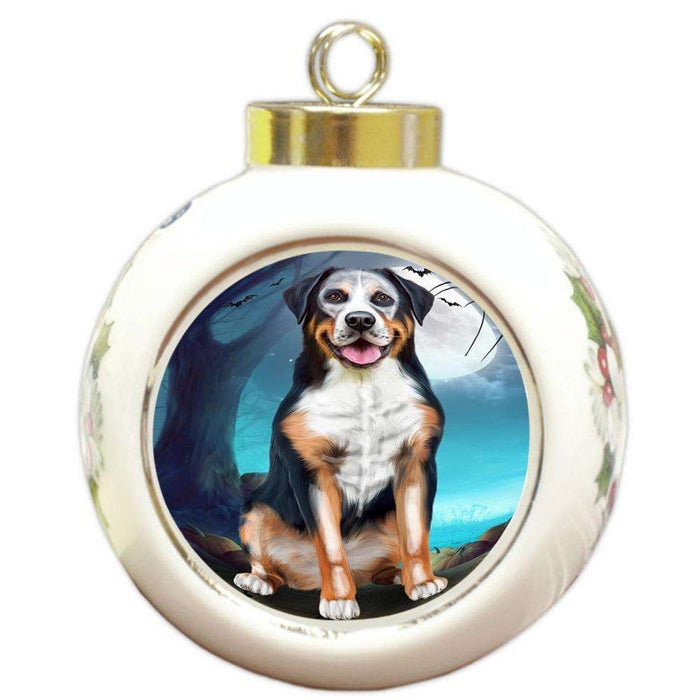 Happy Halloween Trick or Treat Greater Swiss Mountain Dog Skeleton Round Ball Christmas Ornament RBPOR52545