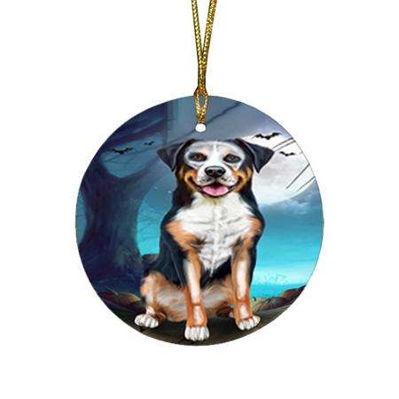 Happy Halloween Trick or Treat Greater Swiss Mountain Dog Skeleton Round Flat Christmas Ornament RFPOR52536