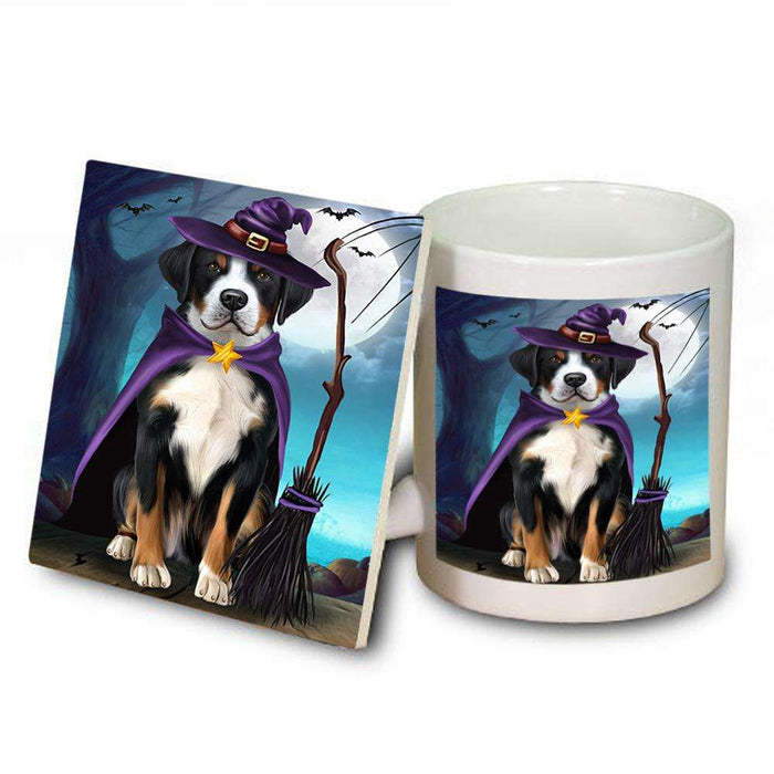 Happy Halloween Trick or Treat Greater Swiss Mountain Dog Witch Mug and Coaster Set MUC52556