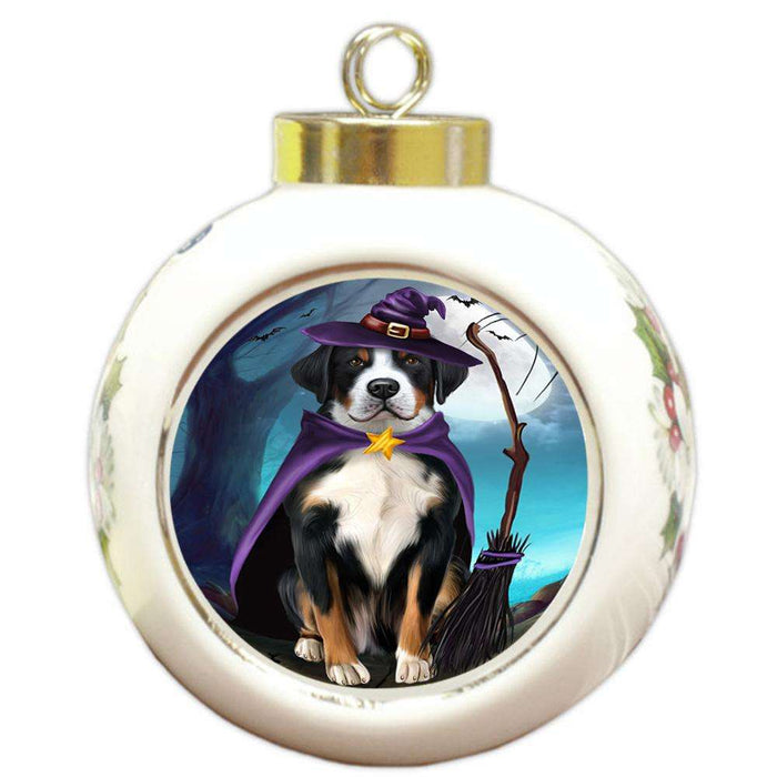 Happy Halloween Trick or Treat Greater Swiss Mountain Dog Witch Round Ball Christmas Ornament RBPOR52564