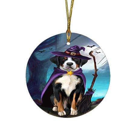 Happy Halloween Trick or Treat Greater Swiss Mountain Dog Witch Round Flat Christmas Ornament RFPOR52555