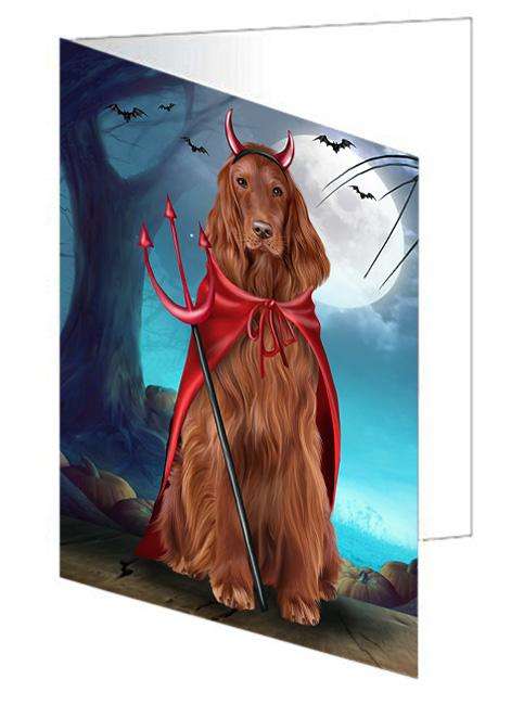 Happy Halloween Trick or Treat Irish Setter Dog Devil Handmade Artwork Assorted Pets Greeting Cards and Note Cards with Envelopes for All Occasions and Holiday Seasons GCD61610