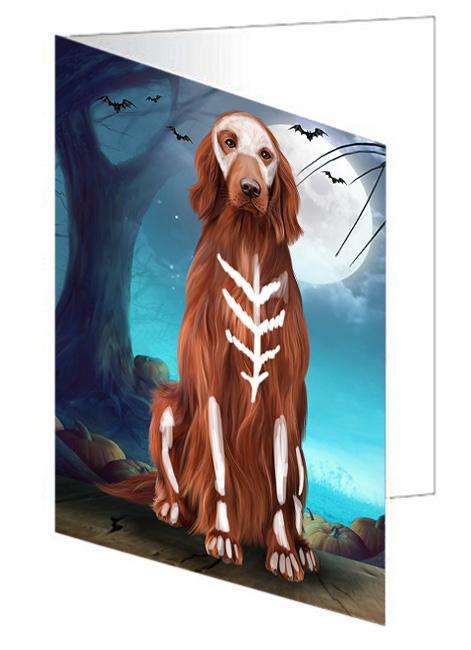 Happy Halloween Trick or Treat Irish Setter Dog Skeleton Handmade Artwork Assorted Pets Greeting Cards and Note Cards with Envelopes for All Occasions and Holiday Seasons GCD61667
