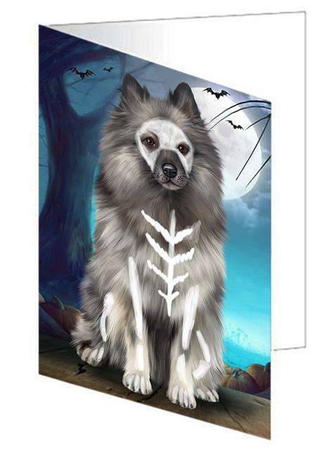 Happy Halloween Trick or Treat Keeshond Dog Skeleton Handmade Artwork Assorted Pets Greeting Cards and Note Cards with Envelopes for All Occasions and Holiday Seasons GCD61670