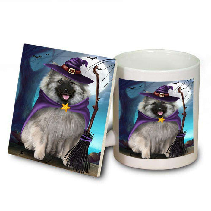 Happy Halloween Trick or Treat Keeshond Dog Witch Mug and Coaster Set MUC52558