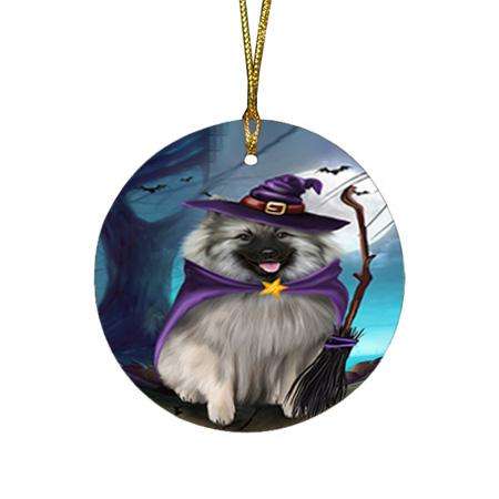 Happy Halloween Trick or Treat Keeshond Dog Witch Round Flat Christmas Ornament RFPOR52557