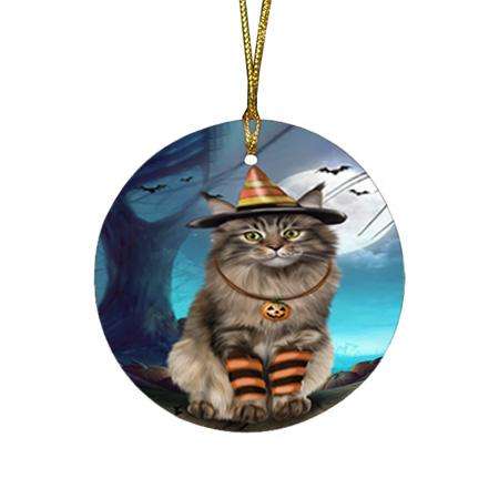 Happy Halloween Trick or Treat Maine Coon Cat Round Flat Christmas Ornament RFPOR54624