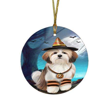 Happy Halloween Trick or Treat Malti Tzu Dog Round Flat Christmas Ornament RFPOR54628