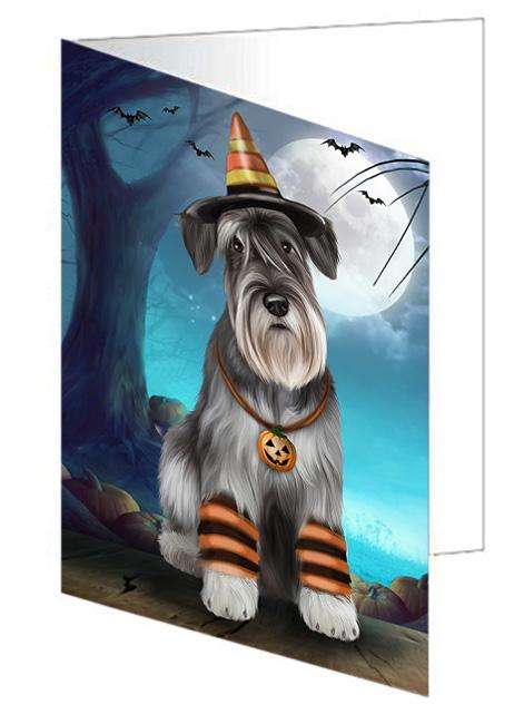 Happy Halloween Trick or Treat Miniature Schnauzer Dog Candy Corn Handmade Artwork Assorted Pets Greeting Cards and Note Cards with Envelopes for All Occasions and Holiday Seasons GCD61559