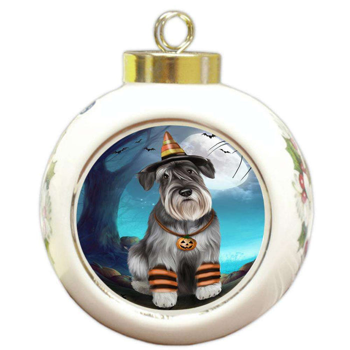 Happy Halloween Trick or Treat Miniature Schnauzer Dog Candy Corn Round Ball Christmas Ornament RBPOR52510