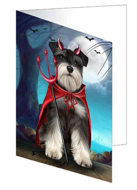 Happy Halloween Trick or Treat Miniature Schnauzer Dog Devil Handmade Artwork Assorted Pets Greeting Cards and Note Cards with Envelopes for All Occasions and Holiday Seasons GCD61616