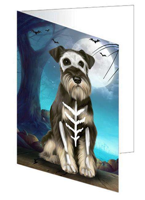 Happy Halloween Trick or Treat Miniature Schnauzer Dog Skeleton Handmade Artwork Assorted Pets Greeting Cards and Note Cards with Envelopes for All Occasions and Holiday Seasons GCD61673