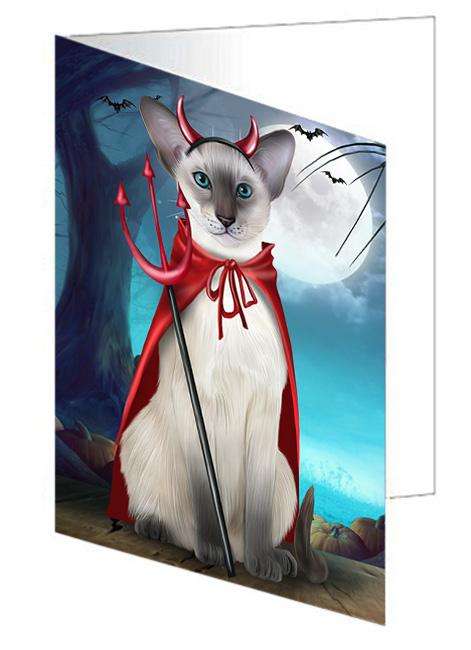 Happy Halloween Trick or Treat Oriental Blue Point Siamese Cat Handmade Artwork Assorted Pets Greeting Cards and Note Cards with Envelopes for All Occasions and Holiday Seasons GCD67961