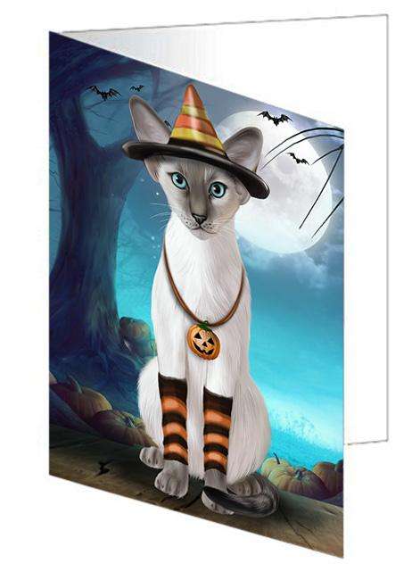 Happy Halloween Trick or Treat Oriental Blue Point Siamese Cat Handmade Artwork Assorted Pets Greeting Cards and Note Cards with Envelopes for All Occasions and Holiday Seasons GCD67964