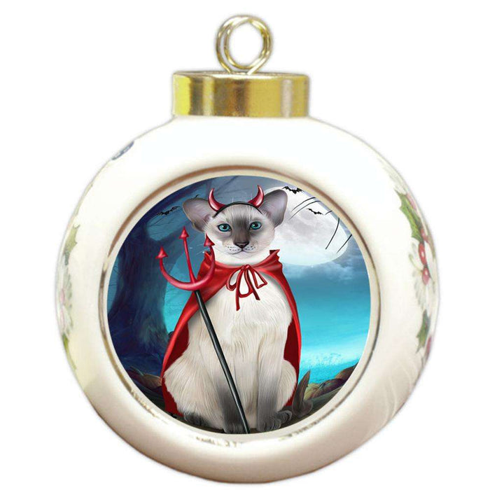 Happy Halloween Trick or Treat Oriental Blue Point Siamese Cat Round Ball Christmas Ornament RBPOR54644