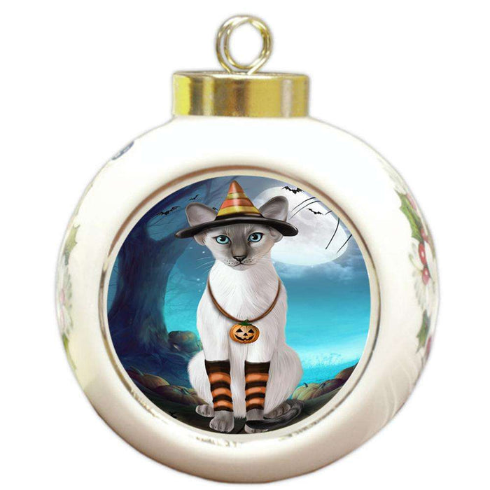 Happy Halloween Trick or Treat Oriental Blue Point Siamese Cat Round Ball Christmas Ornament RBPOR54645