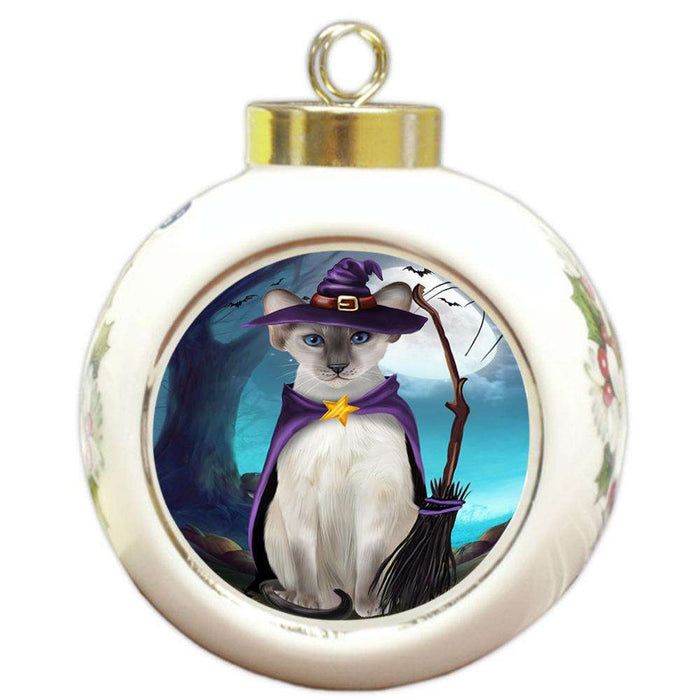 Happy Halloween Trick or Treat Oriental Blue Point Siamese Cat Round Ball Christmas Ornament RBPOR54647