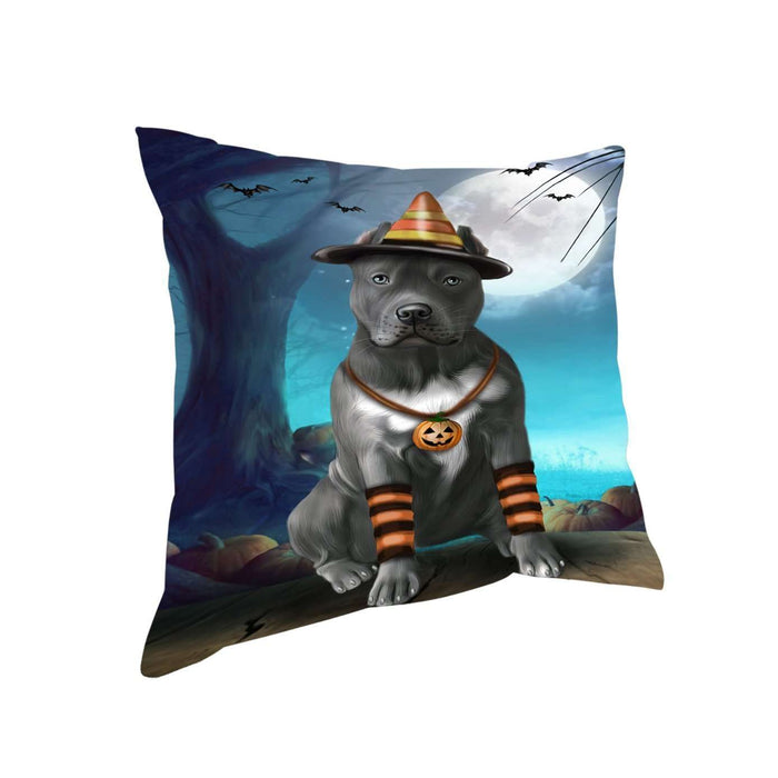 Happy Halloween Trick or Treat Pit Bull Dog Candy Corn Throw Pillow