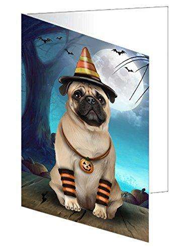 Happy Halloween Trick or Treat Pug Dog Candy Corn Handmade Artwork Assorted Pets Greeting Cards and Note Cards with Envelopes for All Occasions and Holiday Seasons