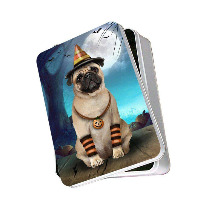 Happy Halloween Trick or Treat Pug Dog Candy Corn Photo Storage Tin