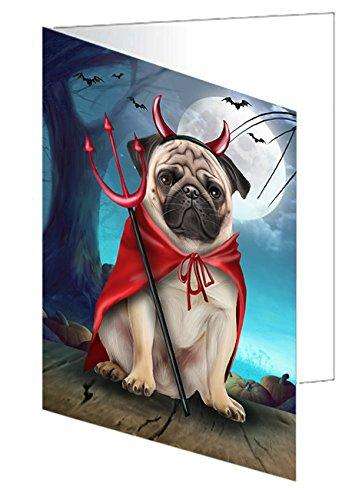 Happy Halloween Trick or Treat Pug Dog Devil Handmade Artwork Assorted Pets Greeting Cards and Note Cards with Envelopes for All Occasions and Holiday Seasons