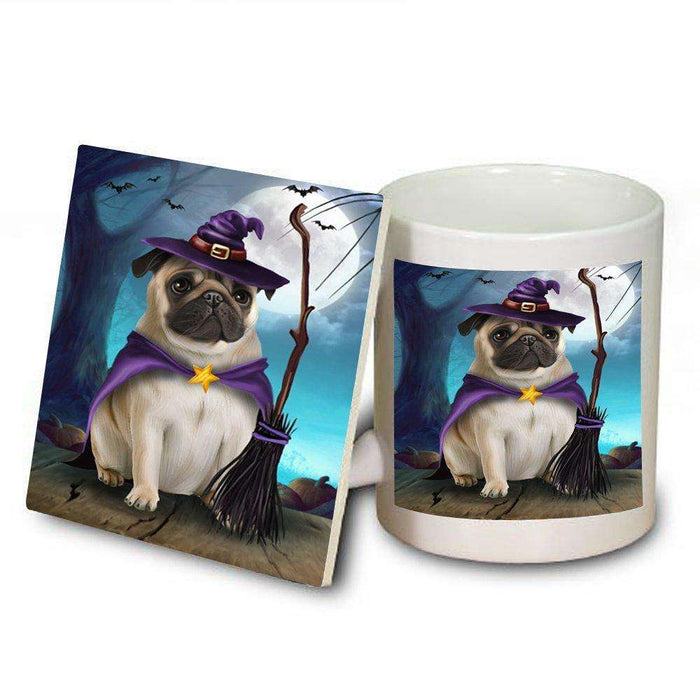Happy Halloween Trick or Treat Pug Dog Witch Mug and Coaster Set