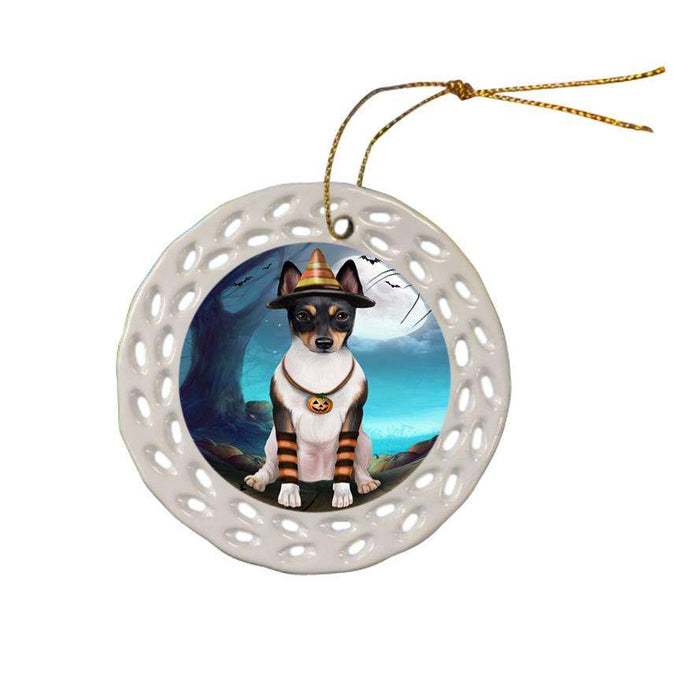 Happy Halloween Trick or Treat Rat Terrier Dog Candy Corn Ceramic Doily Ornament DPOR52511