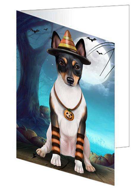 Happy Halloween Trick or Treat Rat Terrier Dog Candy Corn Handmade Artwork Assorted Pets Greeting Cards and Note Cards with Envelopes for All Occasions and Holiday Seasons GCD61562