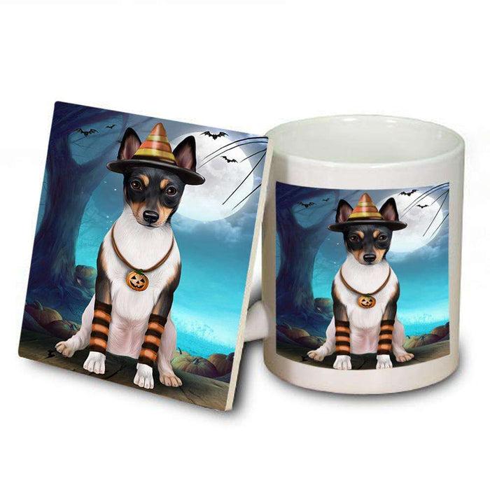 Happy Halloween Trick or Treat Rat Terrier Dog Candy Corn Mug and Coaster Set MUC52503