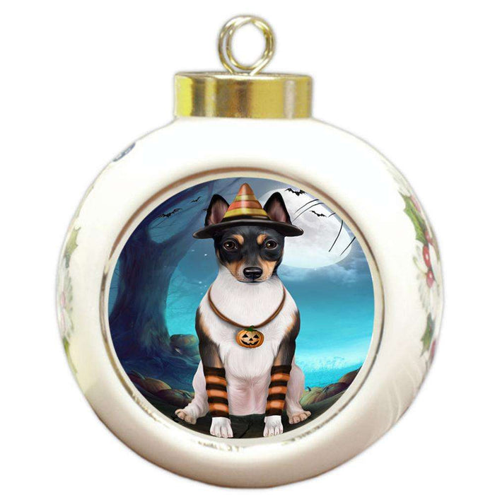 Happy Halloween Trick or Treat Rat Terrier Dog Candy Corn Round Ball Christmas Ornament RBPOR52511