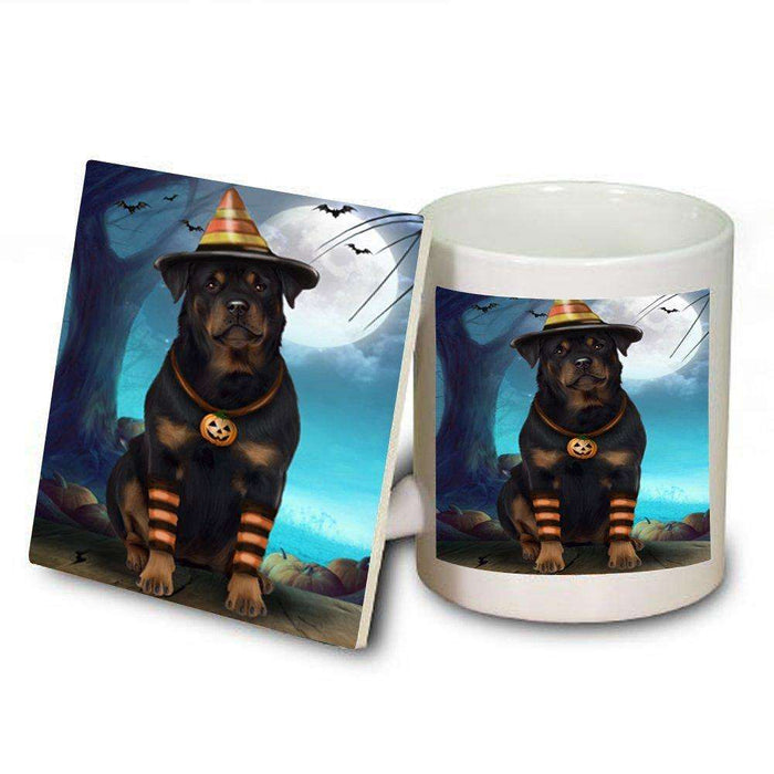 Happy Halloween Trick or Treat Rottweiler Dog Candy Corn Mug and Coaster Set