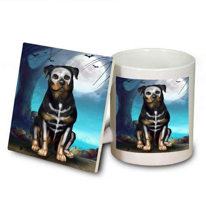 Happy Halloween Trick or Treat Rottweiler Dog Skeleton Mug and Coaster Set