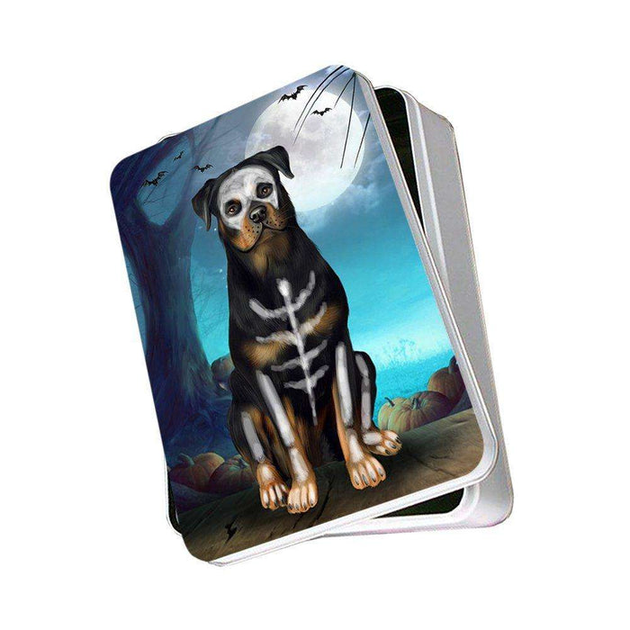 Happy Halloween Trick or Treat Rottweiler Dog Skeleton Photo Storage Tin