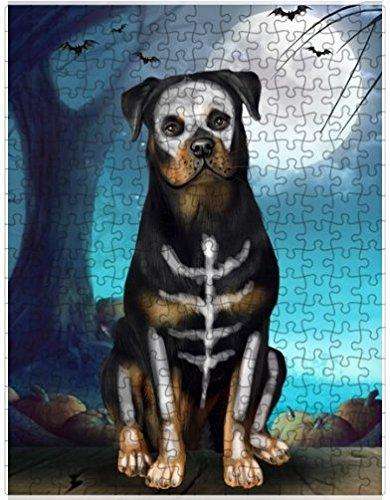 Happy Halloween Trick or Treat Rottweiler Dog Skeleton Puzzle with Photo Tin