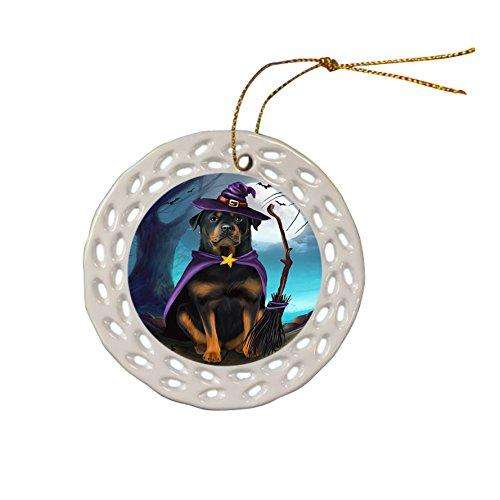 Happy Halloween Trick or Treat Rottweiler Dog Witch Ceramic Doily Ornament