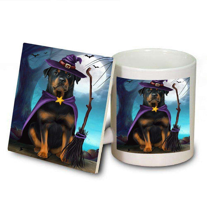 Happy Halloween Trick or Treat Rottweiler Dog Witch Mug and Coaster Set
