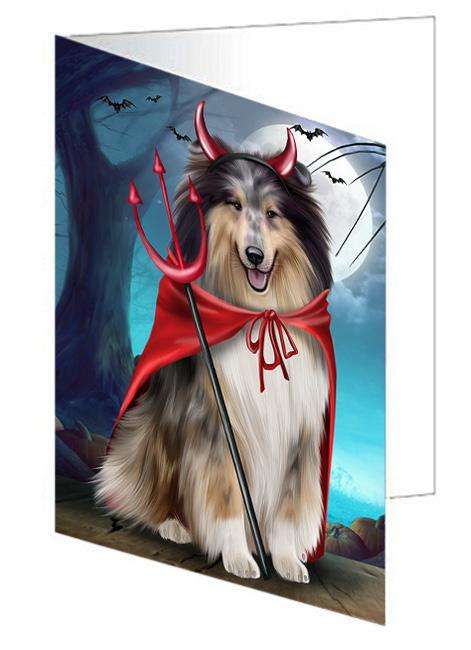 Happy Halloween Trick or Treat Rough Collie Dog Handmade Artwork Assorted Pets Greeting Cards and Note Cards with Envelopes for All Occasions and Holiday Seasons GCD67973