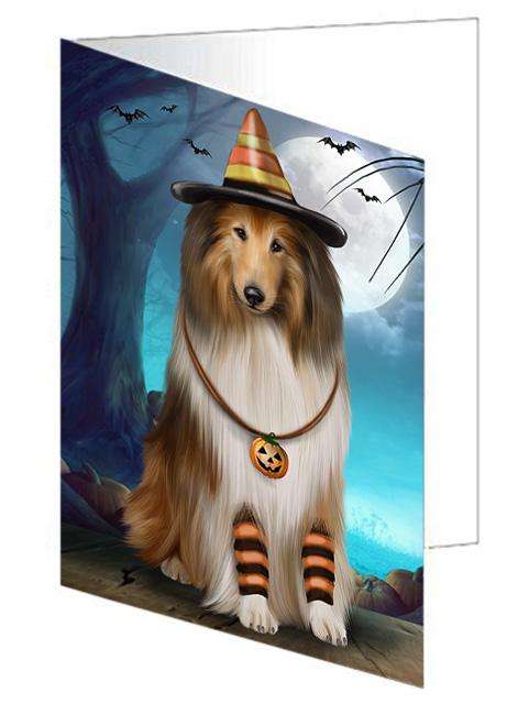 Happy Halloween Trick or Treat Rough Collie Dog Handmade Artwork Assorted Pets Greeting Cards and Note Cards with Envelopes for All Occasions and Holiday Seasons GCD67976