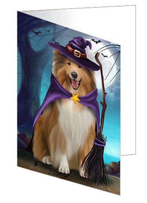 Happy Halloween Trick or Treat Rough Collie Dog Handmade Artwork Assorted Pets Greeting Cards and Note Cards with Envelopes for All Occasions and Holiday Seasons GCD67982