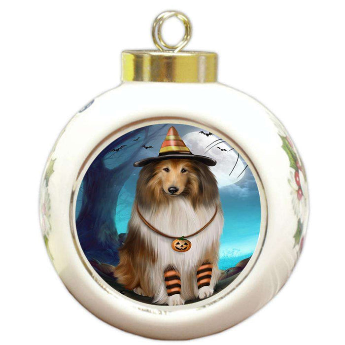 Happy Halloween Trick or Treat Rough Collie Dog Round Ball Christmas Ornament RBPOR54649
