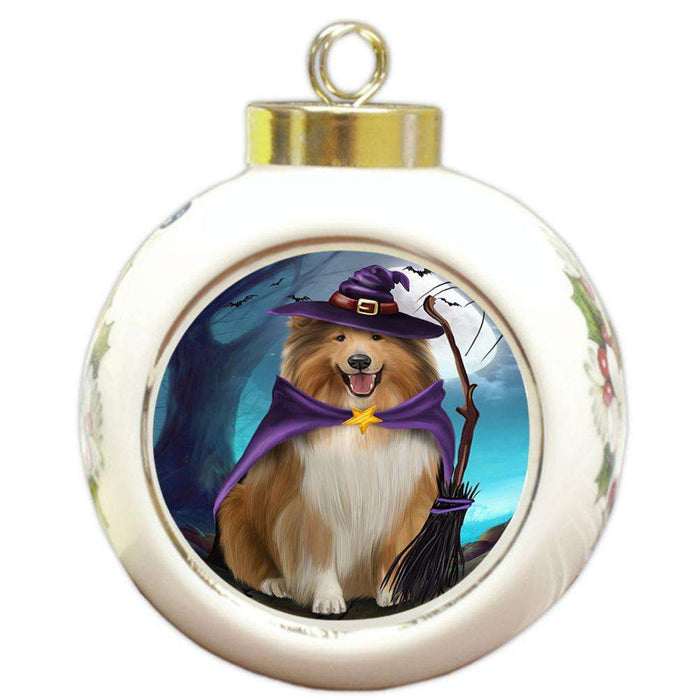 Happy Halloween Trick or Treat Rough Collie Dog Round Ball Christmas Ornament RBPOR54651
