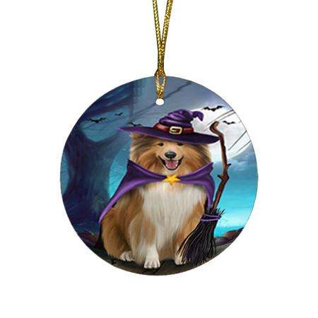 Happy Halloween Trick or Treat Rough Collie Dog Round Flat Christmas Ornament RFPOR54642
