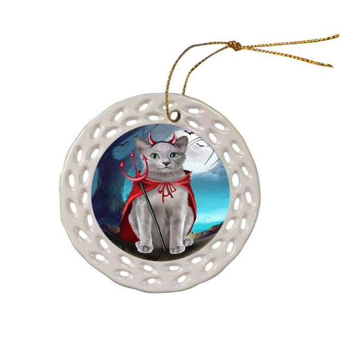Happy Halloween Trick or Treat Russian Blue Cat Ceramic Doily Ornament DPOR54652