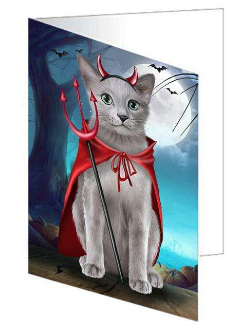 Happy Halloween Trick or Treat Russian Blue Cat Handmade Artwork Assorted Pets Greeting Cards and Note Cards with Envelopes for All Occasions and Holiday Seasons GCD67985